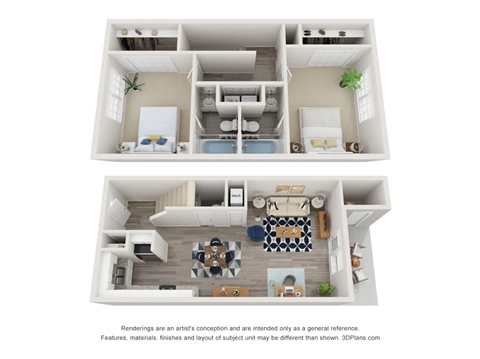 A 3D floor plan of a house with two bedrooms, a living room, a kitchen, and a bathroom.